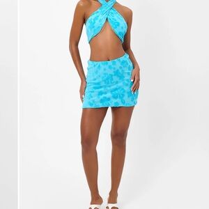 Blue Floral Halter Top and Skirt Set